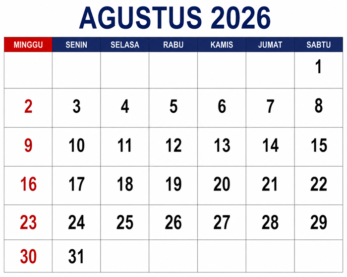 Kalender Bulan Agustus 2026
