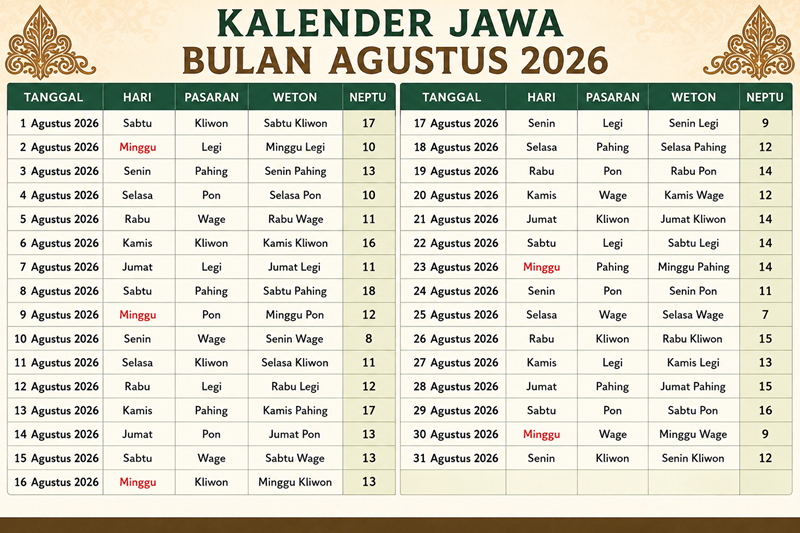 Kalender Jawa Bulan Agustus 2026